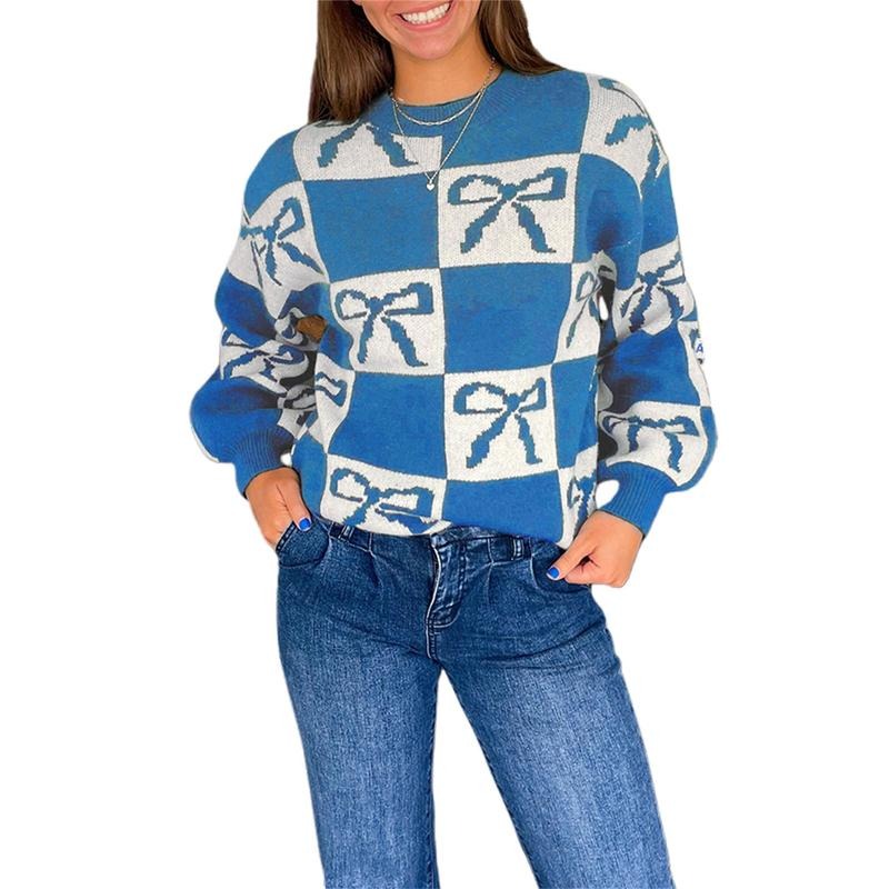 Women's Checkered Knitted Sweater Bow Patterned Drop Shoulder Long Sleeve Round Neck Ribbed Tops T-Shirts, Hoodie, Sweatshirt