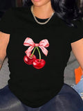 Women's Cherry & Bow Print Round Neck Tee, Fashion Casual Crew Neck T-Shirt for Daily Holiday Vacation Outdoor Wear,...