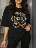 Women's Cherry & Leopard Print Round Neck Tee, Casual Glitter Letter Print Short Sleeve T-shirt for Daily Wear, Ladies...