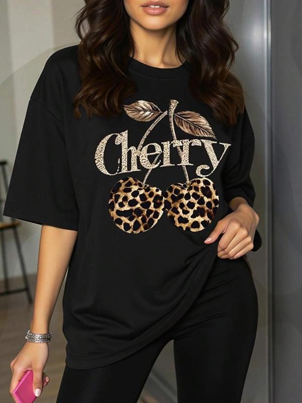 Women's Cherry & Leopard Print Round Neck Tee, Casual Glitter Letter Print Short Sleeve T-shirt for Daily Wear, Ladies...