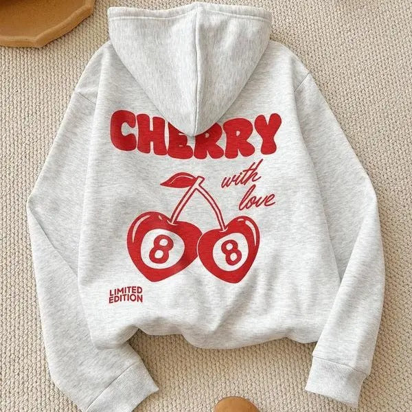 Women's Cherry & Letter Print Cherry Print Drop Shoulder Hoodie, Fashion Casual Drawstring Pocket Hooded Sweatshirt for...