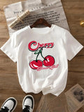 Women's Cherry & Letter Print Round Neck Tee, Casual Short Sleeve Crew Neck T-Shirt for All Seasons, Fashion Women's Top...