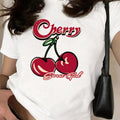 Women's Cherry & Letter Print Round Neck Tee, Casual Short Sleeve Crew Neck T-shirt for Spring & Fall, Fashion Women's...