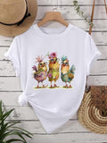 Women's Chicken & Floral Print Round Neck Tee, Trendy Casual Short Sleeve Crew Neck T-shirt for Daily Wear, Ladies All...