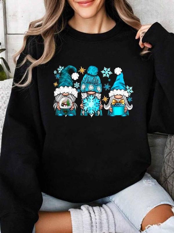 Women's Christmas Gnome Print Drop Shoulder Thermal Lined Sweatshirt, Casual Long Sleeve Round Neck Pullover for Fall &...