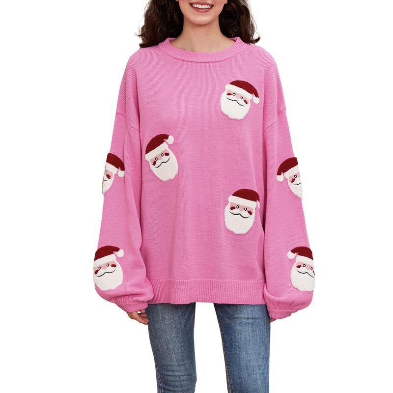 Women's Christmas Loose Sweater Santa Claus Embroidery Long Sleeve Round Neck Knitwear Pullover T-Shirts, Hoodie, Sweatshirt