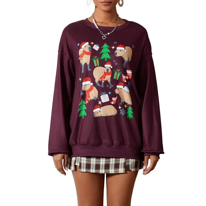 Women's Christmas Loose Sweatshirts Animal Print Round Neck Long Sleeve Pullovers Fall Winter Casual Tops T-Shirts, Hoodie