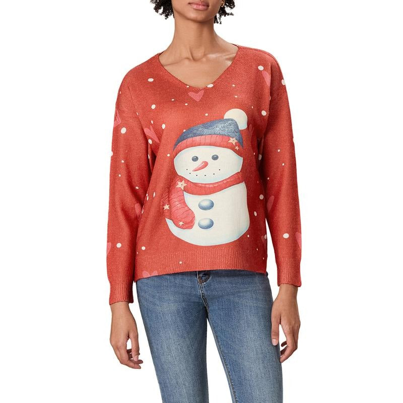 Women's Christmas Sweater Snowman Print V Neck Long Sleeve Pullover Tops for Fall Winter T-Shirts, Hoodie, Sweatshirt