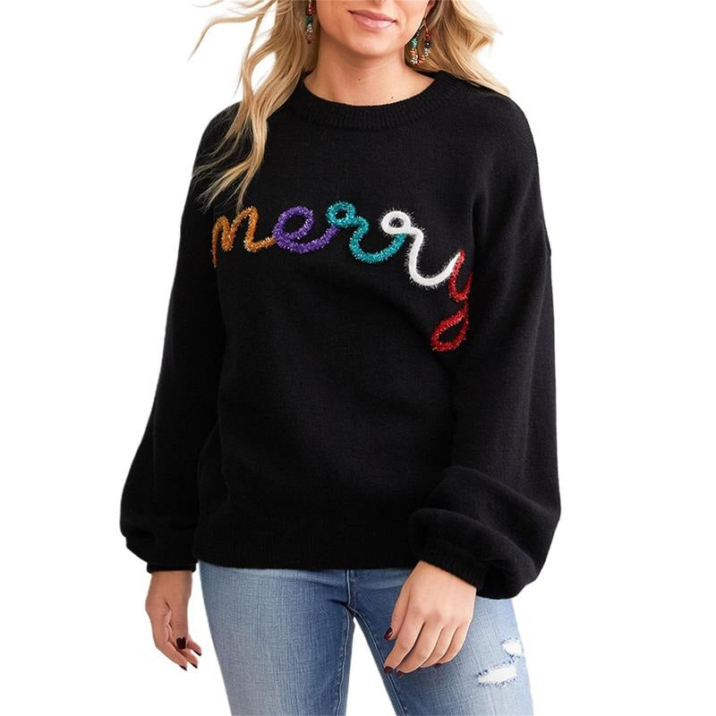 Women's Christmas Sweaters Long Sleeve Round Neck Letter Embroidery Loose Pullover Knit Tops T-Shirts, Hoodie, Sweatshirt