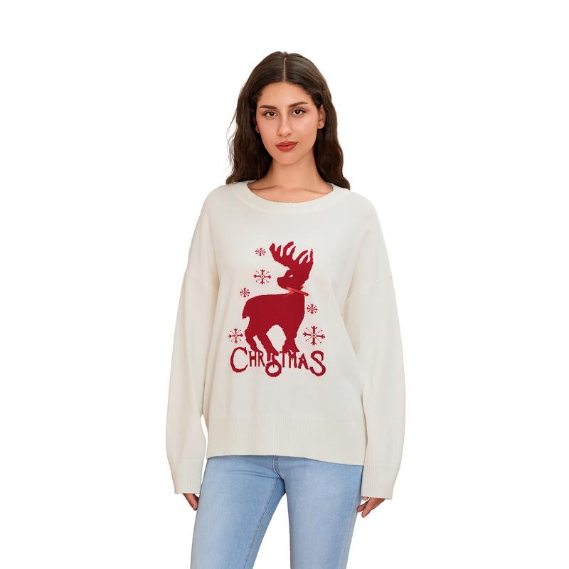 Women's Christmas Sweaters Reindeer Letter Bow Long Sleeve Round Neck Ribbed Knitted Tops T-Shirts, Hoodie, Sweatshirt