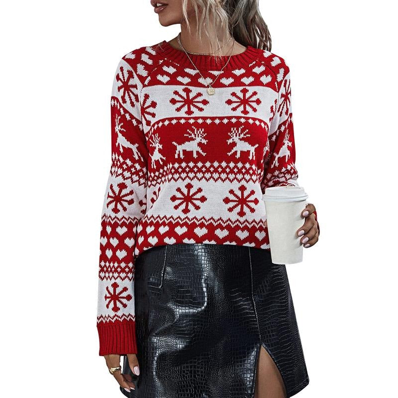 Women's Christmas Sweaters Reindeer Snowflake Long Sleeve Round Neck Ribbed Knitted Tops T-Shirts, Hoodie, Sweatshirt