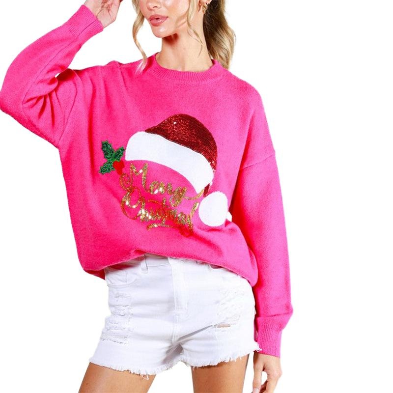 Women's Christmas Sweaters Sequin Santa Hat Pattern Long Sleeve Round Neck Loose Pullover Knit Tops T-Shirts, Hoodie,...