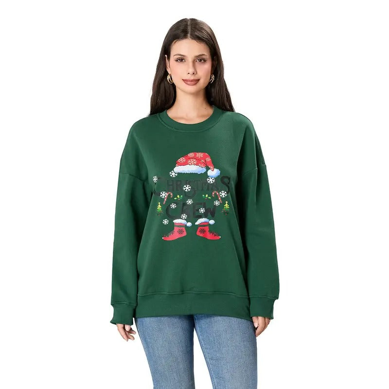 Women's Christmas Sweatshirt Long Sleeve Crewneck Letter Santa Hat Print Pullover T-Shirts, Hoodie | RetroVerseTees.com