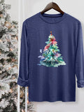 Women's Christmas Tree Print Round Neck Tee, Casual Long Sleeve Crew Neck T-shirt for Fall & Winter, Women's Top for...