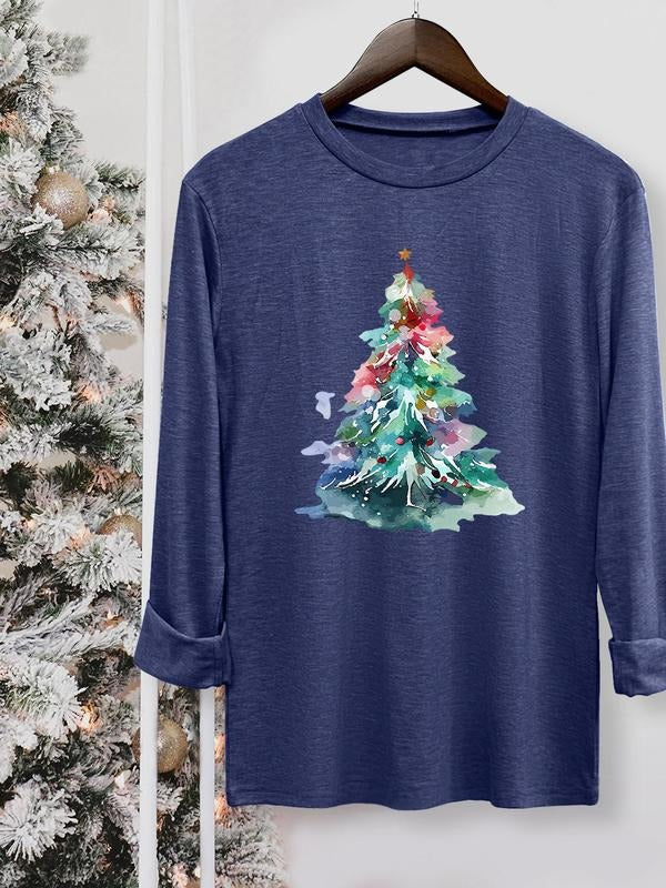 Women's Christmas Tree Print Round Neck Tee, Casual Long Sleeve Crew Neck T-shirt for Fall & Winter, Women's Top for...