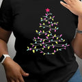Women's Christmas Tree Print Round Neck Tee, Casual Short Sleeve Crew Neck T-Shirt for Spring & Fall, Women Clothes for...