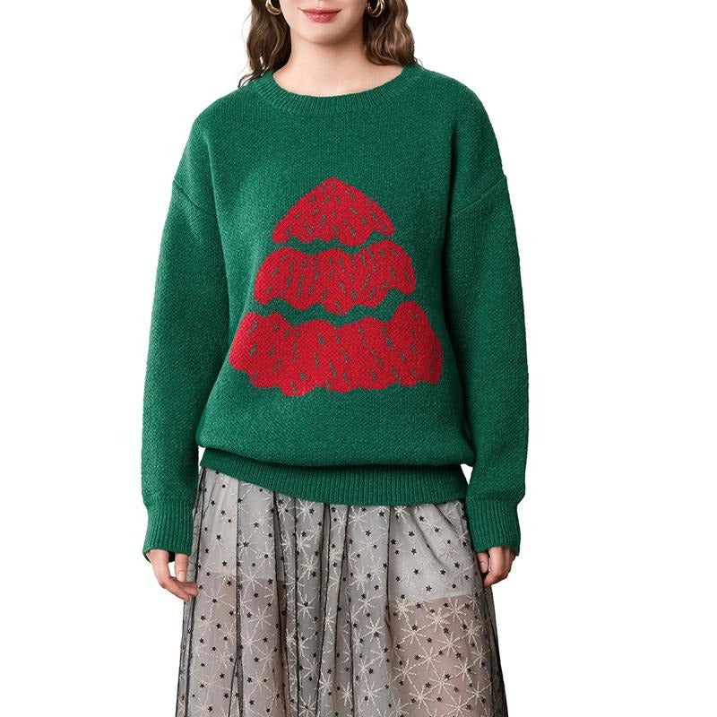 Women's Christmas Tree Sweaters Drop Shoulder Long Sleeve Round Neck Ribbed Loose Knitted Tops Knitwear Light T-Shirts,...