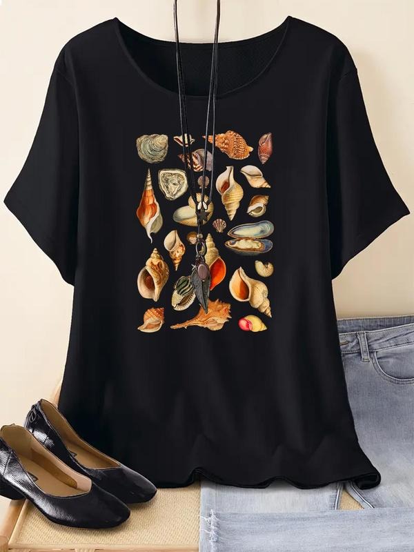 Women's Conch Print Round Neck Graphic Tee, Vintage Trendy Casual Short Sleeve T-shirt for Daily Wear, Ladies Summer...