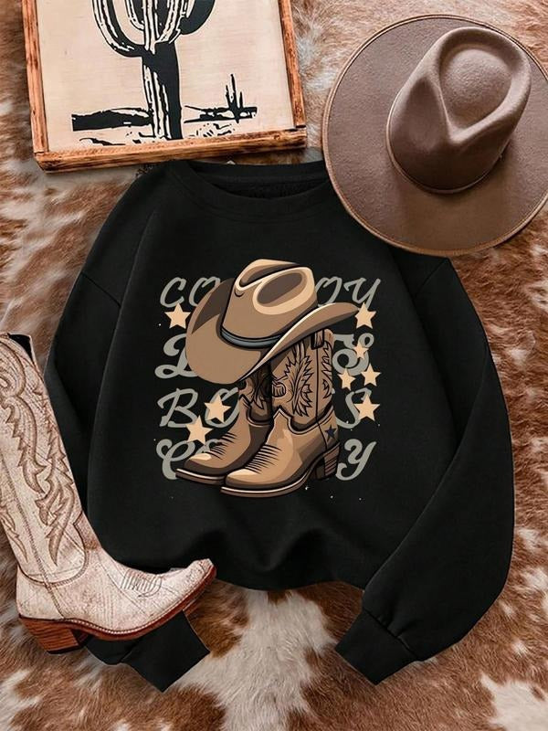 Women's Cowboy & Hat Print Round Neck Sweatshirt, Casual Long Sleeve Crew Neck Pullover for Spring & Fall, Fashion...