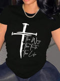 Women's Cross & Letter Print Round Neck Tee, Casual Short Sleeve Crew Neck T-Shirt for Summer, Fashion Women's Top for...