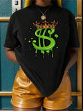 Women's Crown & Dollar Sign Print Round Neck Tee, Fashion Casual Crew Neck Short Sleeve T-shirt for Daily Holiday...
