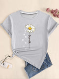 Women's Daisy & Heart & Letter Print Round Neck Tee, Fashion Casual Short Sleeve T-shirt for Daily Holiday Vacation...