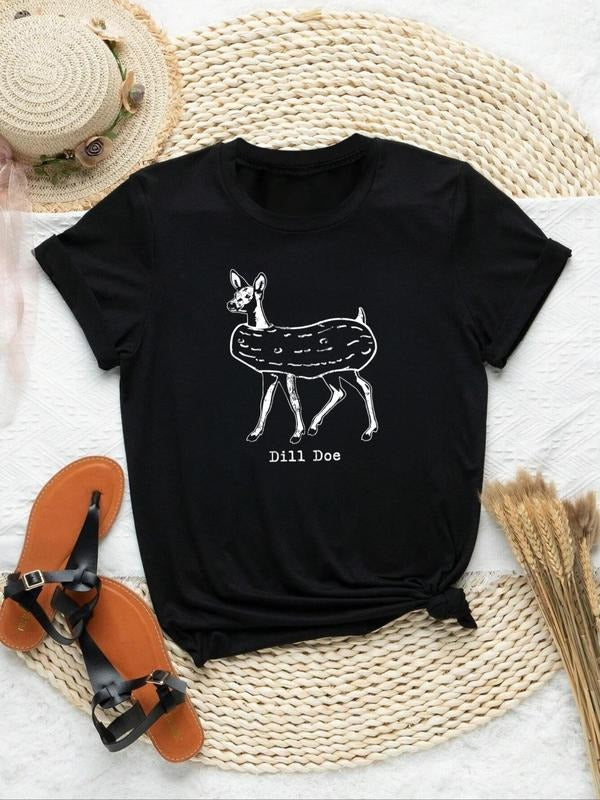 Women's Deer & Letter Print Round Neck Tee, Trendy Casual Short Sleeve Crew Neck T-Shirt for Daily Wear, Ladies Clothes...
