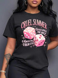Women's Dice & Letter Print Round Neck Tee, Fashion Casual Drop Shoulder Short Sleeve T-shirt for Daily Wear, Ladies...