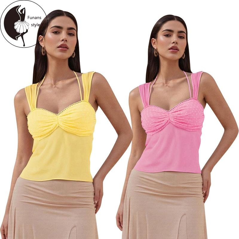 Women's Dots Print Mesh Tops Sleeveless Halter NeckFit Tank Top Tie Back Shirts Hoodie, Sweatshirt | RetroVerseTees.com