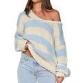 Women's Fall Striped Sweater Drop Shoulder Long Sleeve V-Neck Loose Knitted Tops T-Shirts, Hoodie, Sweatshirt