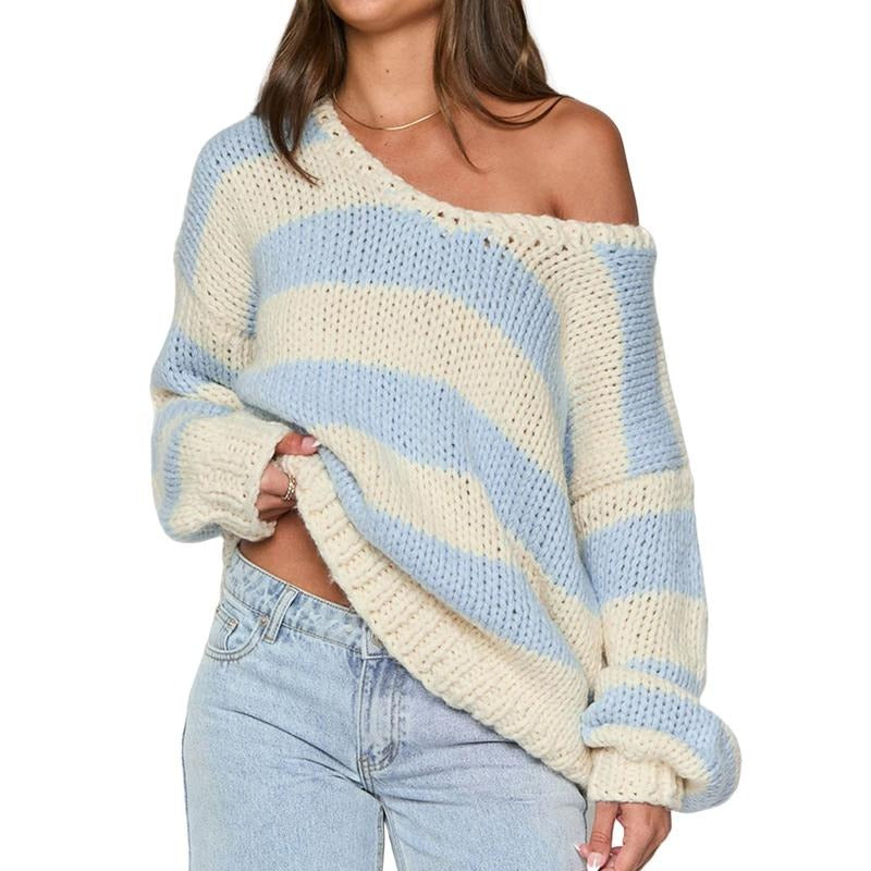 Women's Fall Striped Sweater Drop Shoulder Long Sleeve V-Neck Loose Knitted Tops T-Shirts, Hoodie, Sweatshirt