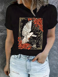 Women's Floral & Bird Print Round Neck Graphic Tee, Fashion Casual Short Sleeve T-shirt for Daily Wear, Ladies Clothes...