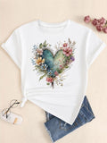 Women's Floral & Heart Print Round Neck Tee, Fashion Casual Short Sleeve T-shirt, Ladies Summer Clothes for Daily Wear...