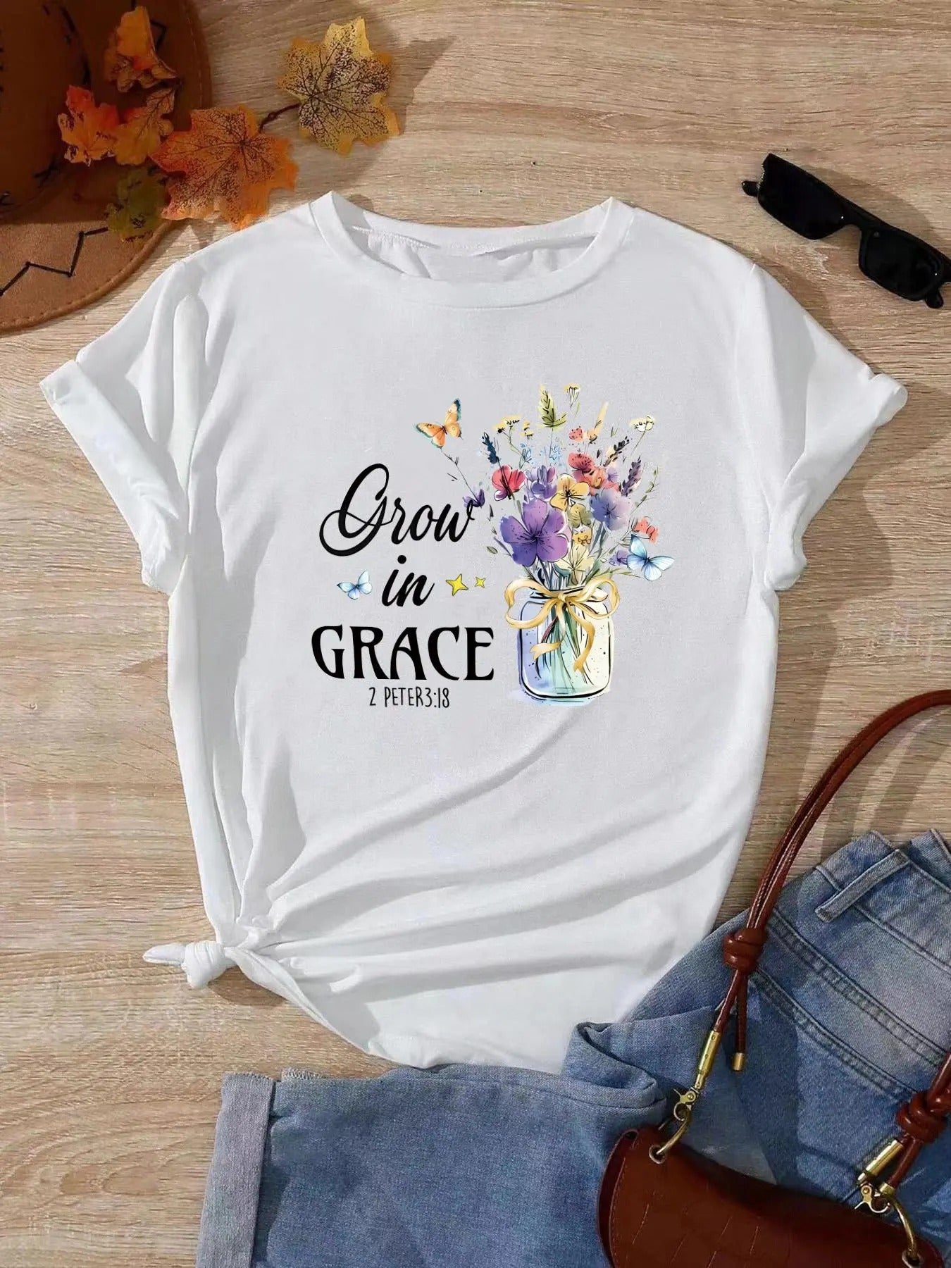 Women's Floral & Letter Print Round Neck Graphic Tee, Vintage Trendy Casual Short Sleeve T-shirt For Daily Wear, Ladies...