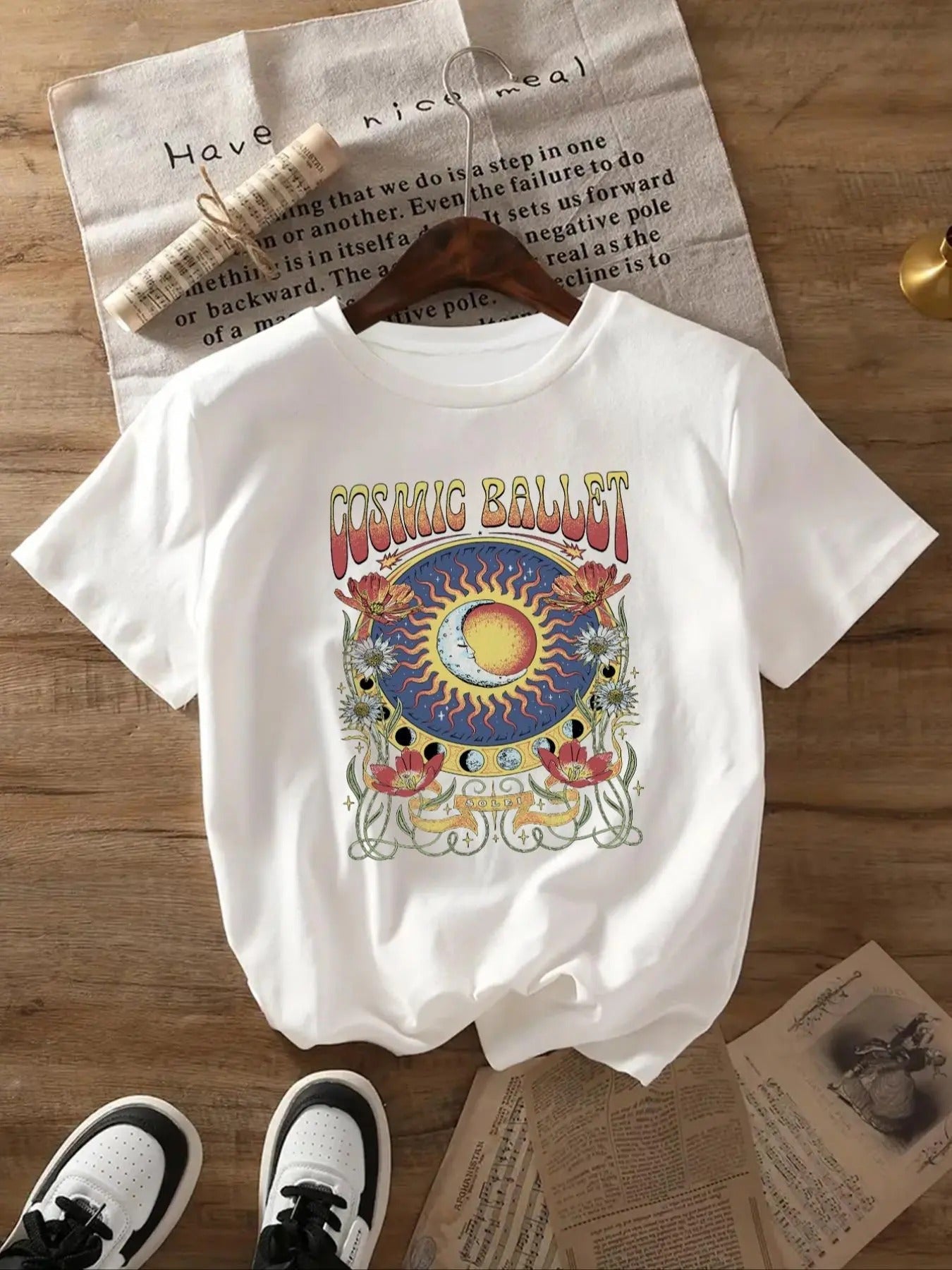 Women's Floral & Letter Print Round Neck Graphic Tee, Vintage Trendy Casual Short Sleeve T-shirt for Daily Wear, Ladies...