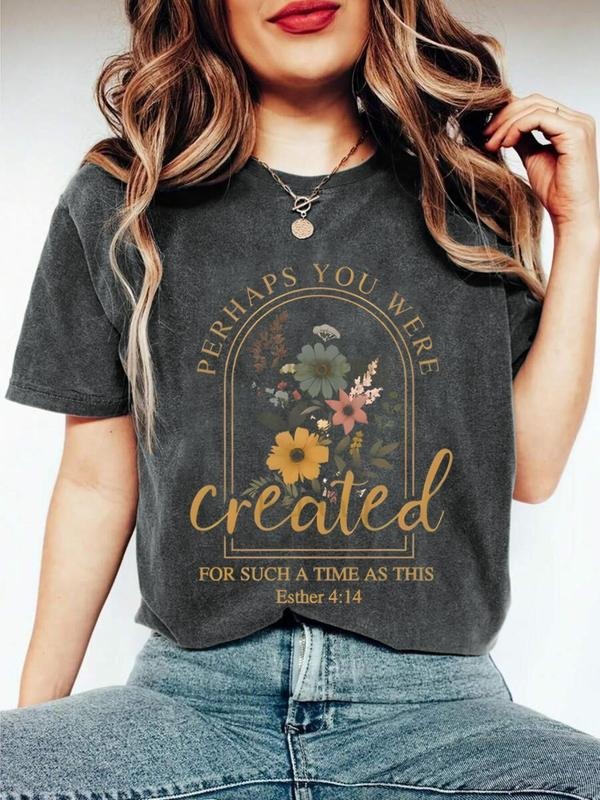 Women's Floral & Letter Print Round Neck Graphic Tee, Vintage Trendy Casual Short Sleeve T-shirt for Daily Wear, Ladies...