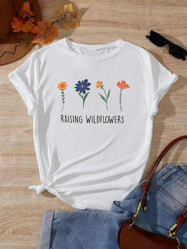 Women's Floral & Letter Print Round Neck Tee, Casual Crew Neck Short Sleeve T-shirt, Ladies Summer Outfit for Daily Wear...