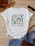 Women's Floral & Letter Print Round Neck Tee, Casual Short Sleeve Crew Neck T-shirt for Summer, Fashion Women's Top for...