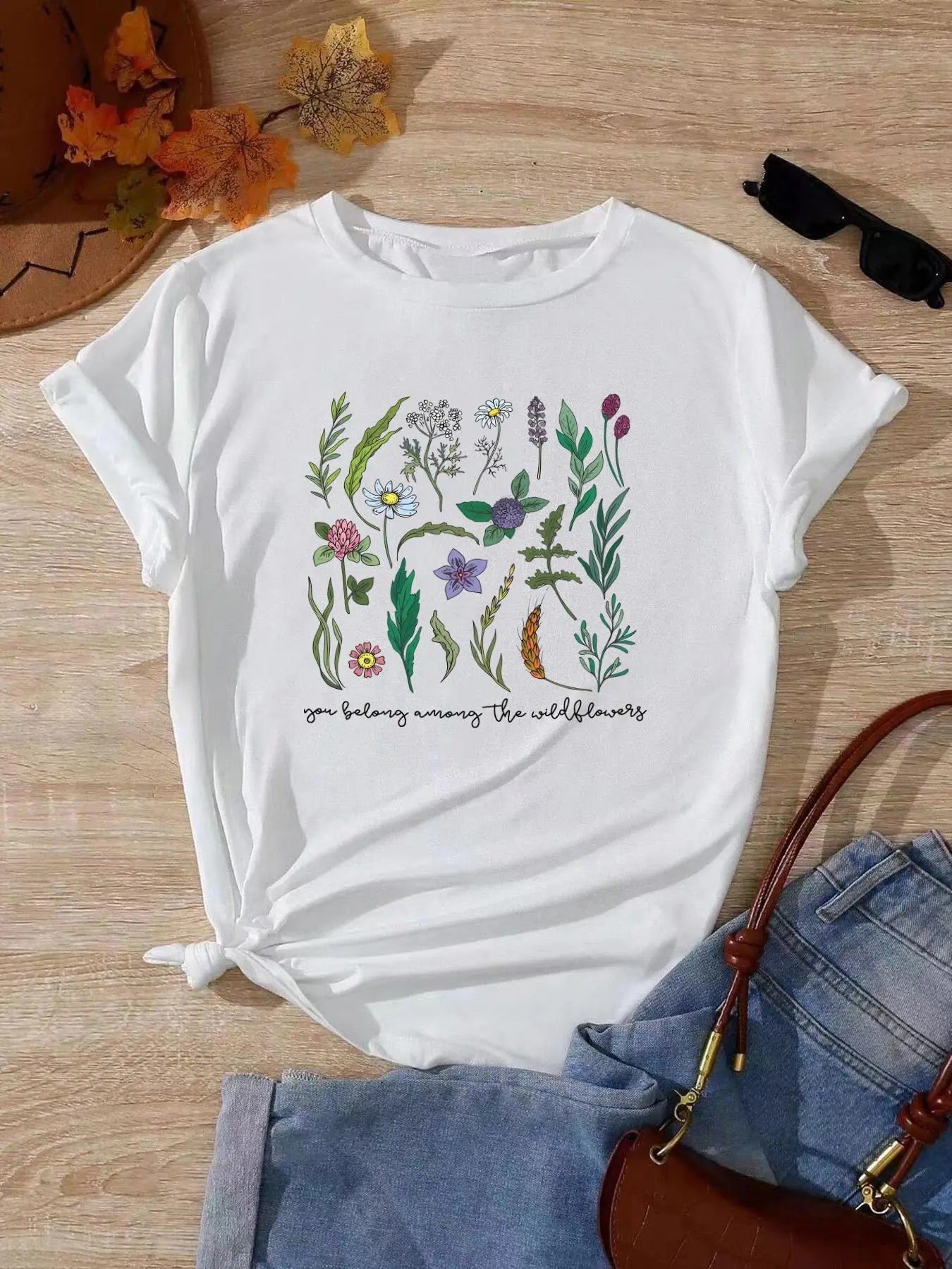Women's Floral & Letter Print Round Neck Tee, Casual Short Sleeve Crew Neck T-shirt for Summer, Fashion Women's Top for...