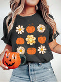 Women's Floral & Pumpkin Print Round Neck Tee, Fashion Casual Short Sleeve T-shirt for Daily Holiday Vacation Outdoor...