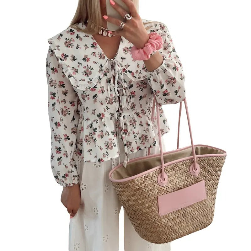 Women's Floral Babydoll Tops Casual Loose Doll Collar Open Front Tie-Up Ruffled Hem Long Sleeve Blouse for Fall Cotton...