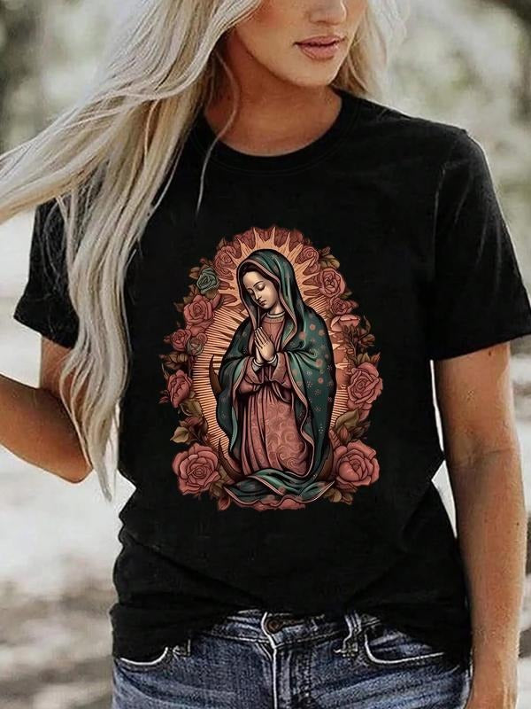 Women's Floral Figure Print Round Neck Graphic Tee, Vintage Trendy Casual Short Sleeve T-shirt For Daily Wear, Ladies All...