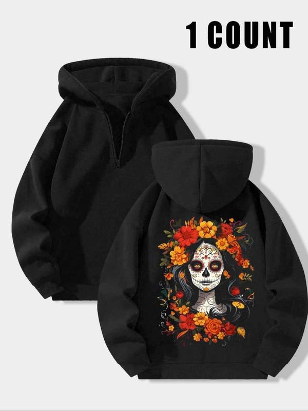 Women's Floral Print Drop Shoulder Hoodie, Fashion Casual Drawstring Pocket Hooded Sweatshirt for Daily Holiday Outdoor...