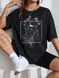 Women's Floral Print Round Neck Graphic Tee, Vintage Trendy Casual Drop Shoulder Half Sleeve T-shirt For Daily Wear,...