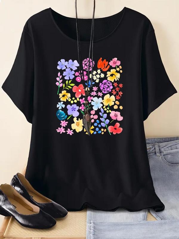 Women's Floral Print Round Neck Graphic Tee, Vintage Trendy Casual Short Sleeve T-shirt For Daily Wear, Ladies Summer...