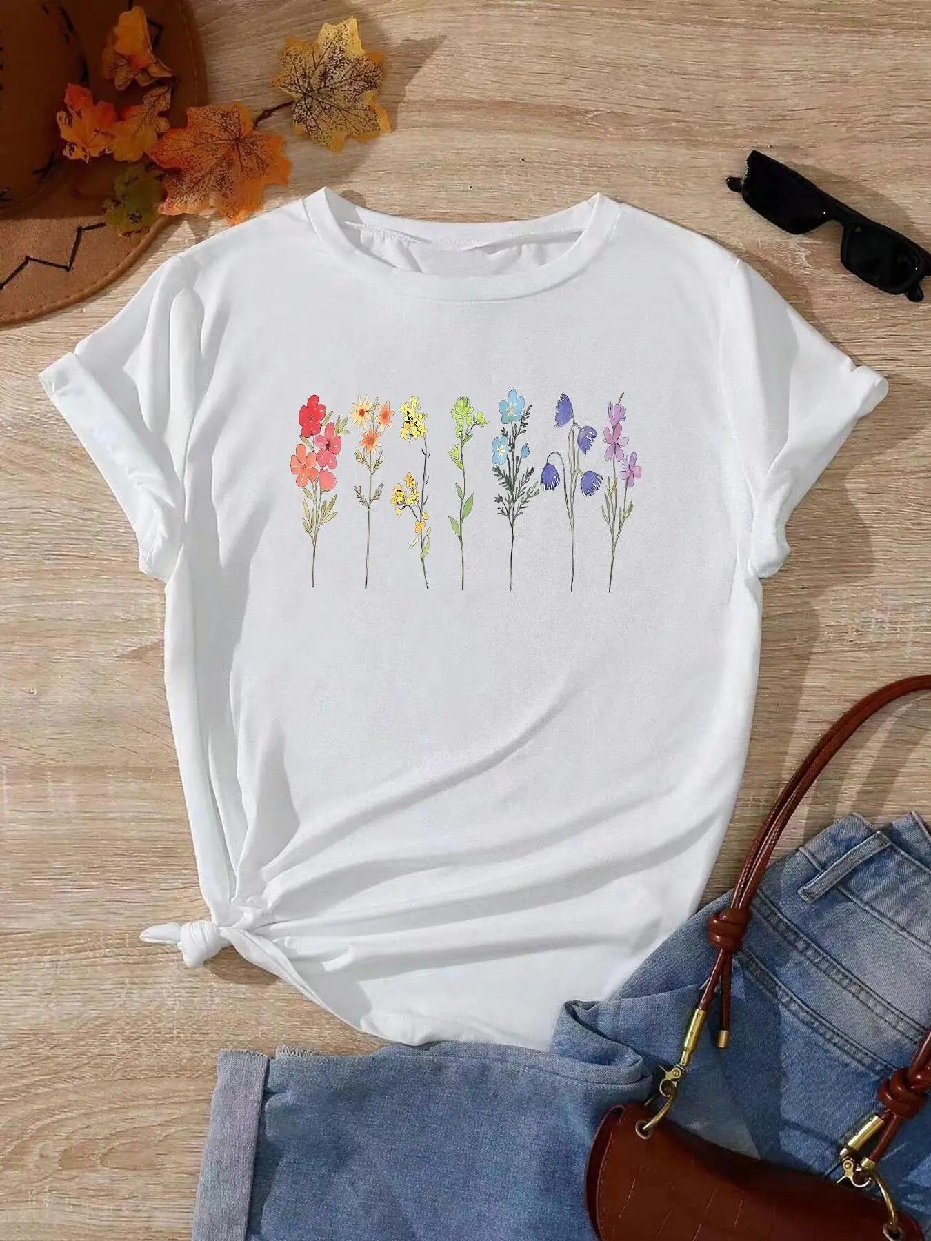 Women's Floral Print Round Neck Tee, Casual Short Sleeve Crew Neck T-Shirt, Women's Top for Daily Wear Hoodie, Sweatshirt