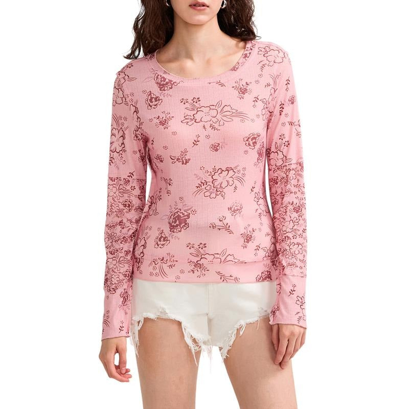 Women's Floral Print T-Shirts Scoop Neck Long SleeveFit Lettuce Trim Casual Spring Tops Hoodie, Sweatshirt
