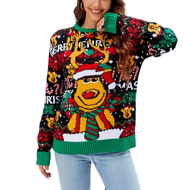 Women's Funny Christmas Sweater Cartoon Print Loose Knitwear Long Sleeve Round Neck Sweater T-Shirts, Hoodie, Sweatshirt