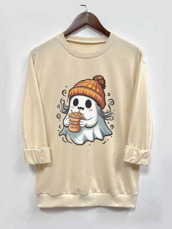 Women's Ghost Print Round Neck Sweatshirt, Casual Long Sleeve Crew Neck Pullover for Fall & Winter, Women's Clothes for...