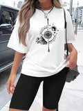 Women's Graphic Print Tee & Skinny Shorts Two-piece Set, Casual Fashion Round Neck Short Sleeve T-shirt & Shorts for...